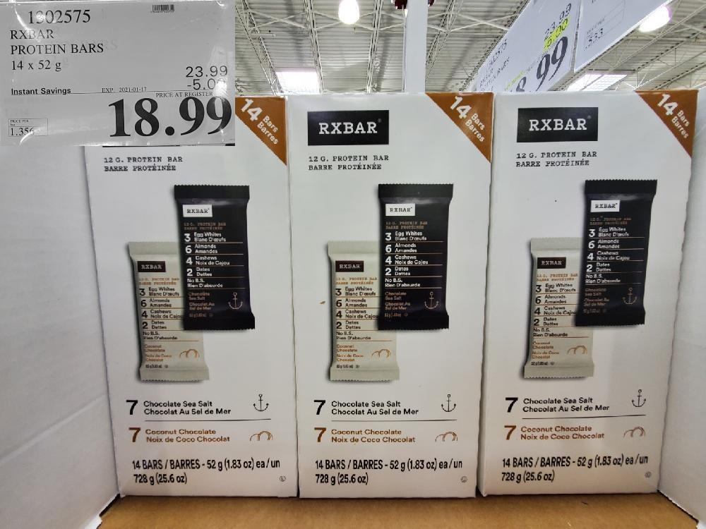 costco sales 1302575 RXBAR PROTEIN BARS 14 x 52°g EXPIRY DATE: 2021-01-17 $18.99 