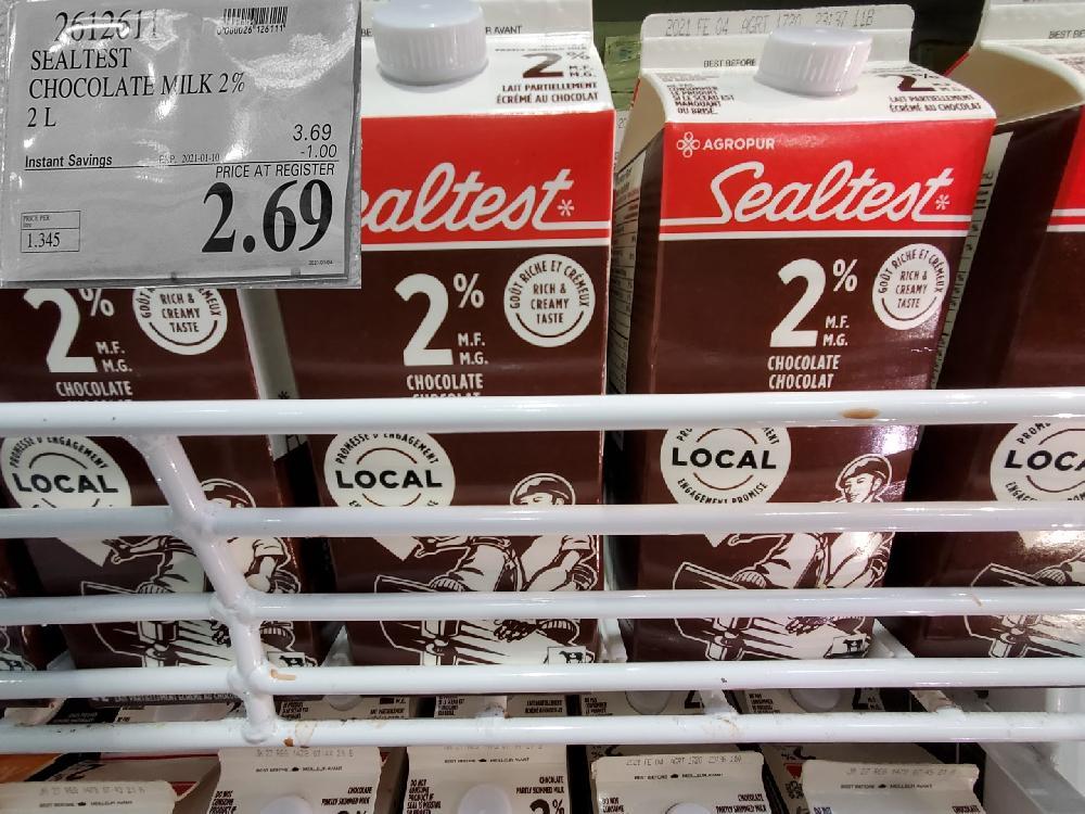  2612611 SEALTEST CHOCOLATE MILK 2% 2L EXPIRY DATE: 2021-01-10 $2.69