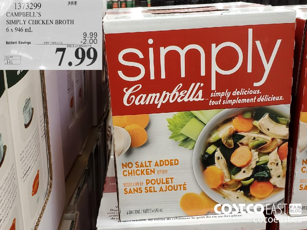 1373299 CAMPBELL'S SIMPLY CHICKEN BROTH 6 x 946 mL EXPIRY DATE: 2021-01-31 $7.99 