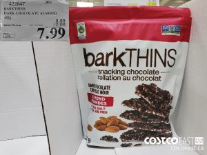 422647 
BARKTHINS
DARK CHOCOLATE ALMOND
482 G
EXPIRY DATE: 2021-05-02 
$7.99

