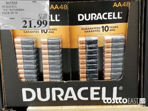 565565
DURACELL
"AA" BATTERIES
PACK OF 48
EXPIRY DATE: 2021-05-02 
$21.99
