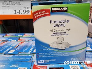 1287508
KIRKLAND SIGNATURE MOIST FLUSHABLE WIPES pack of 632 
($4.00 INSTANT SAVINGS EXPIRES ON 2021-05-30)
$14.99