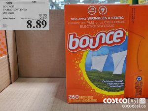989
BOUNCE FABRIC SOFTENER 260 sheets 
($2.10 INSTANT SAVINGS EXPIRES ON 2021-05-30)
$8.89