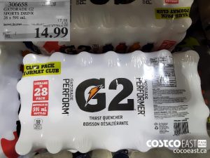 306658
GATORADE G2 SPORTS DRINK 28 x 591 mL 
($3.00 INSTANT SAVINGS EXPIRES ON 2021-05-23)
$14.99