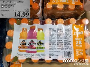 1316393
GATORADE ZERO SPORTS DRINK 28 X 591 ml 
($3.00 INSTANT SAVINGS EXPIRES ON 2021-05-23)
$14.99