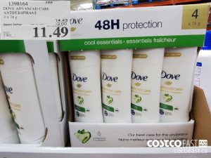 1398164
DOVE ADVANCED CARE ANTIPERSPIRANT 4 x 74 G 
($3.00 INSTANT SAVINGS EXPIRES ON 2021-05-23)
$11.49