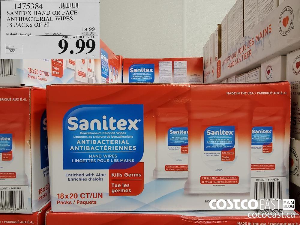 1475384 SANITEX HAND OR FACE ANTIBACTERIAL WIPES 18 PACKS OF 20 ($10.00 INSTANT SAVINGS EXPIRES ON 2021-06-06) $9.99