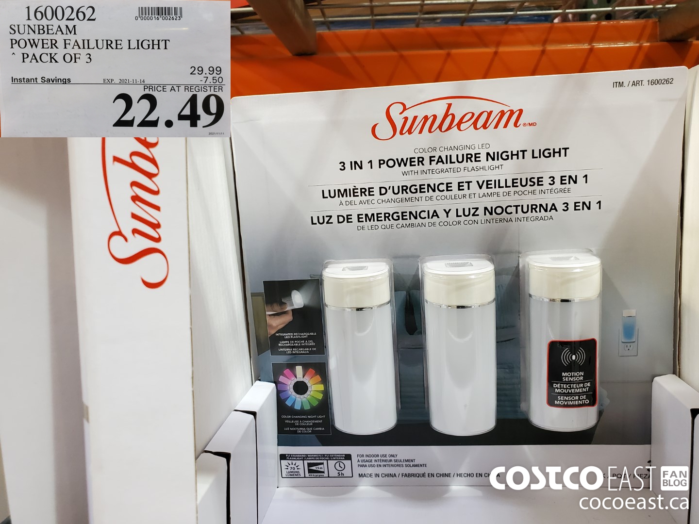 Costco sunbeam 3 in deals 1 power failure night light