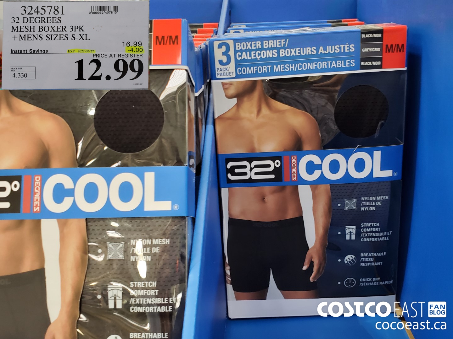 32 Degrees Cool Men's 3 Pack Comfort Mesh Stretch Boxer Briefs, Black, M