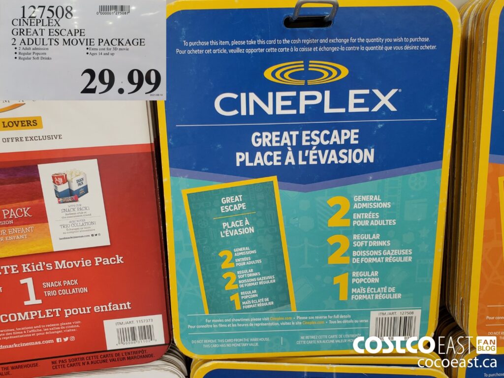 127508 CINEPLEX GREAT ESCAPE 2 ADULTS MOVIE PACKAGE 29 99 Costco East