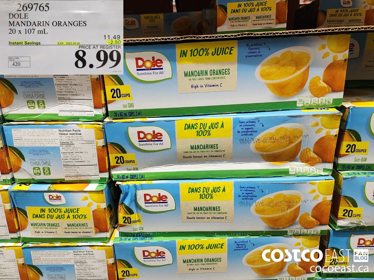 269765 DOLE MANDARIN ORANGES 20 X 107 ML 2 50 INSTANT SAVINGS EXPIRES ON 2022 10 16 8 99