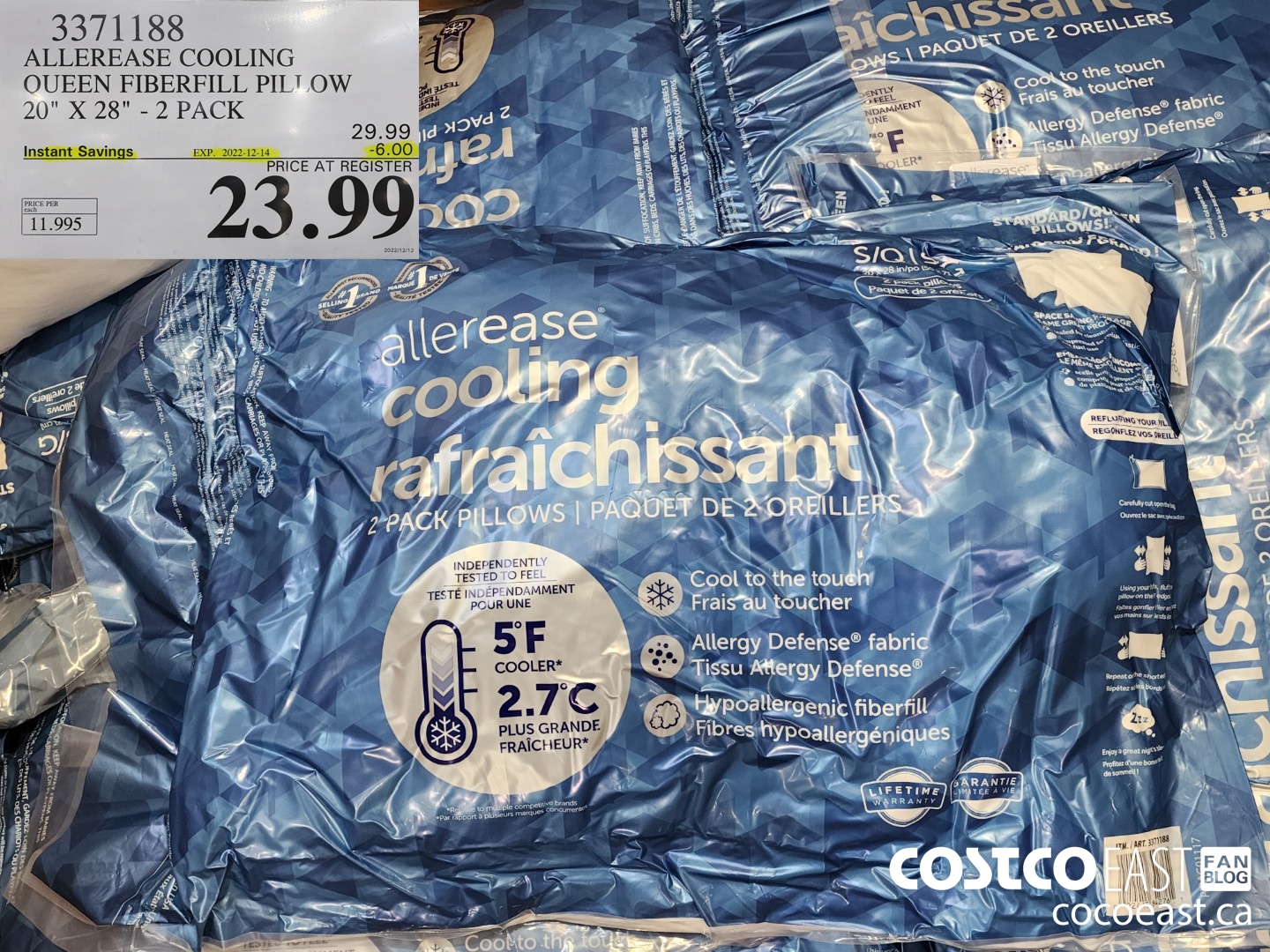 3371188 ALLEREASE COOLING QUEEN FIBERFILL PILLOW 20 X 28 2 PACK 6 00 INSTANT SAVINGS EXPIRES ON 2022 12 14 23 99 Costco East Fan Blog