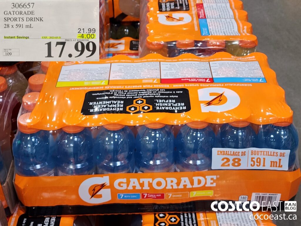306657 GATORADE SPORTS DRINK 28 x 591 mL 4 00 INSTANT SAVINGS EXPIRES ON 2023 05 31 17 99