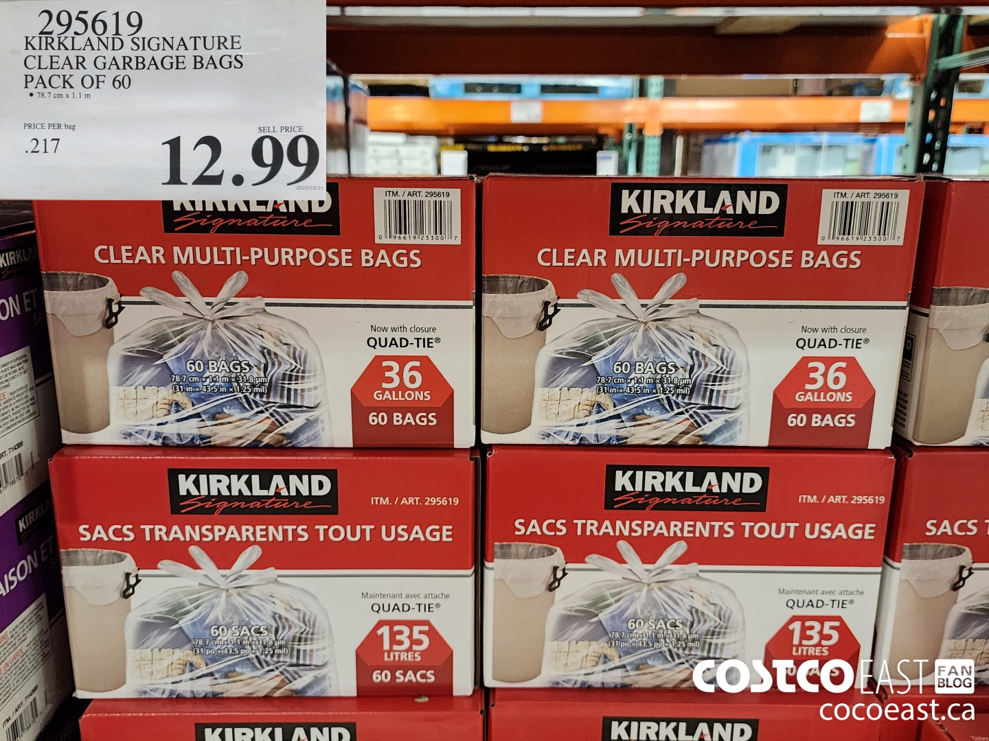 295619 KIRKLAND SIGNATURE CLEAR GARBAGE BAGS PACK OF 60 12