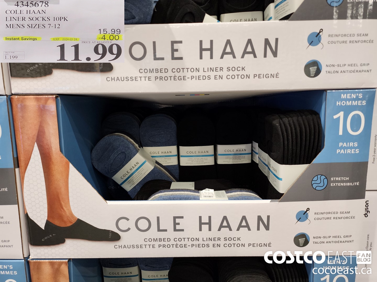 4345678 COLE HAAN LINER SOCK 10PK MENS SIZES 7 12 4 00 INSTANT SAVINGS EXPIRES ON 2024 03 24 11 99 Costco East Fan Blog