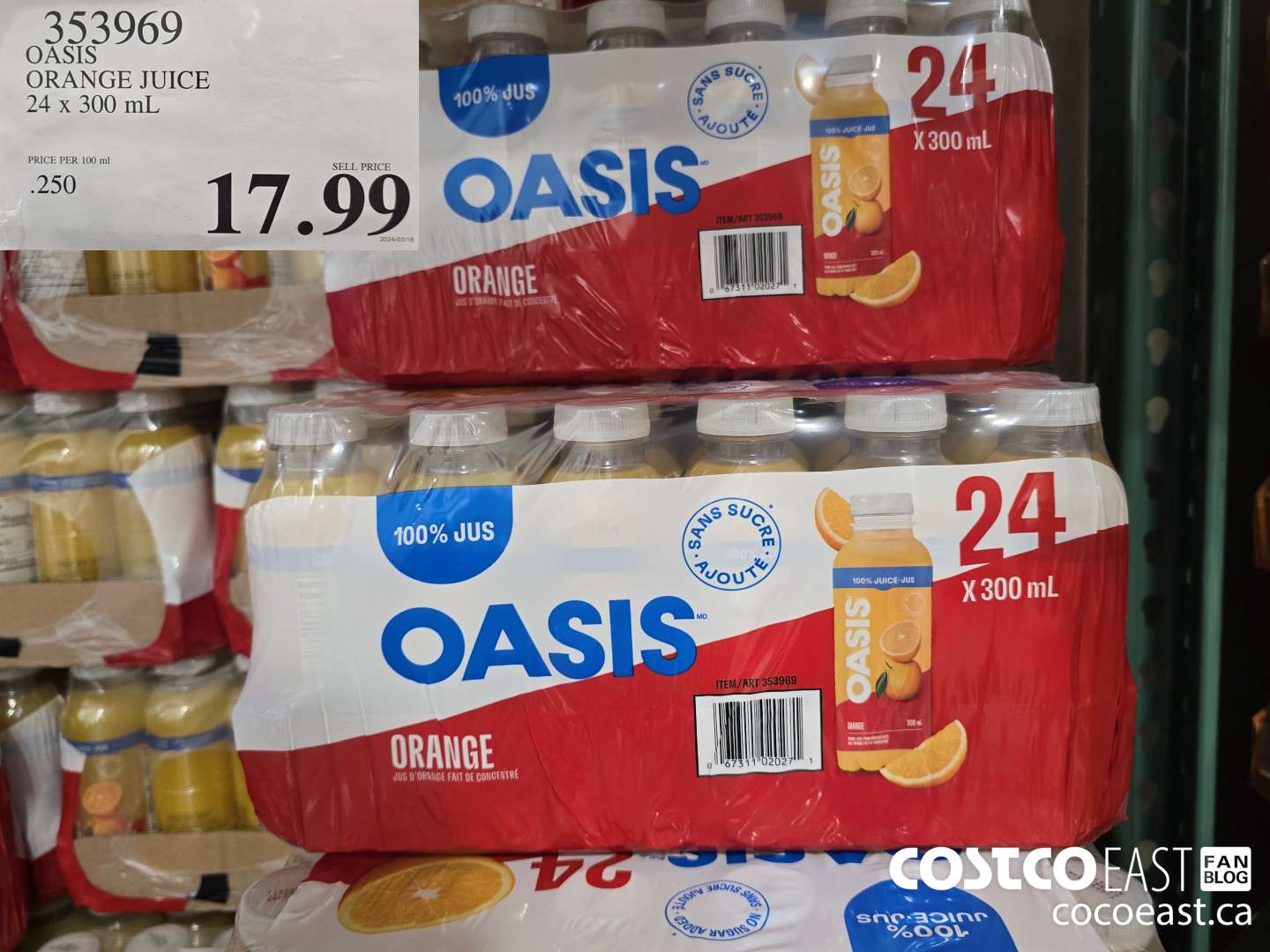 353969 OASIS ORANGE JUICE 24 X 300 ML 17 99 - Costco East