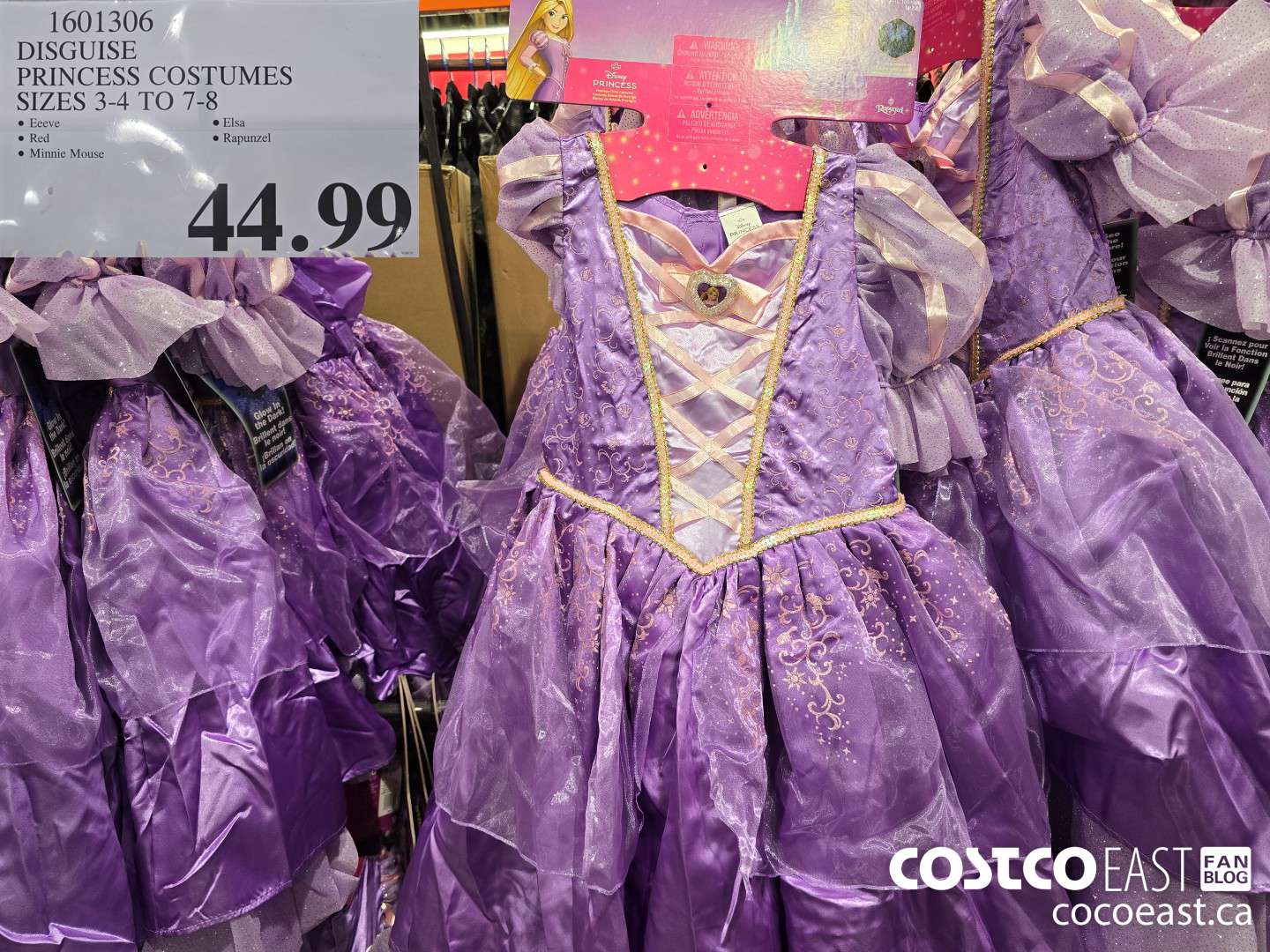 costco princess dress Disguise Disney licensed Princess costumes for Halloween or dress up. Sizes 3/4, 5, 7/8. $39.99 each. 7 designs to choose from. Belle, Ariel, Elsa, Anna, Minnie Mouse, Cinderella, Rapunzel. #disney #princess #halloween #