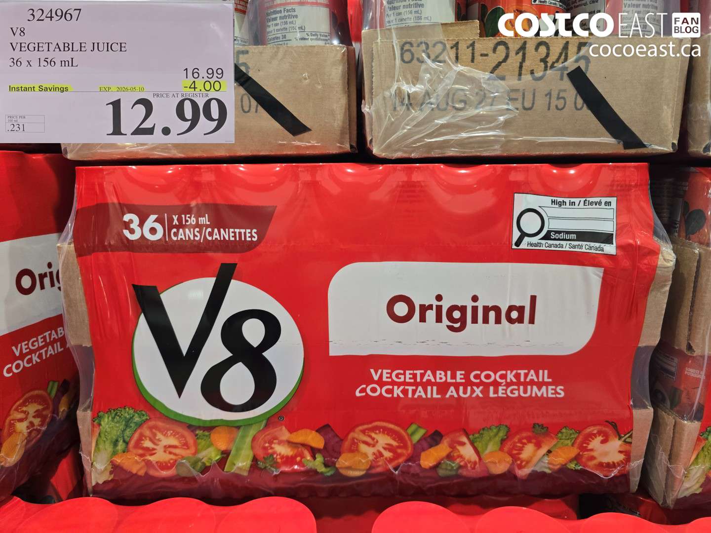 324967 V8 VEGETABLE JUICE 36 X 156 ML ($4.00 INSTANT SAVINGS EXPIRES ON 2026-05-10) $12.99
