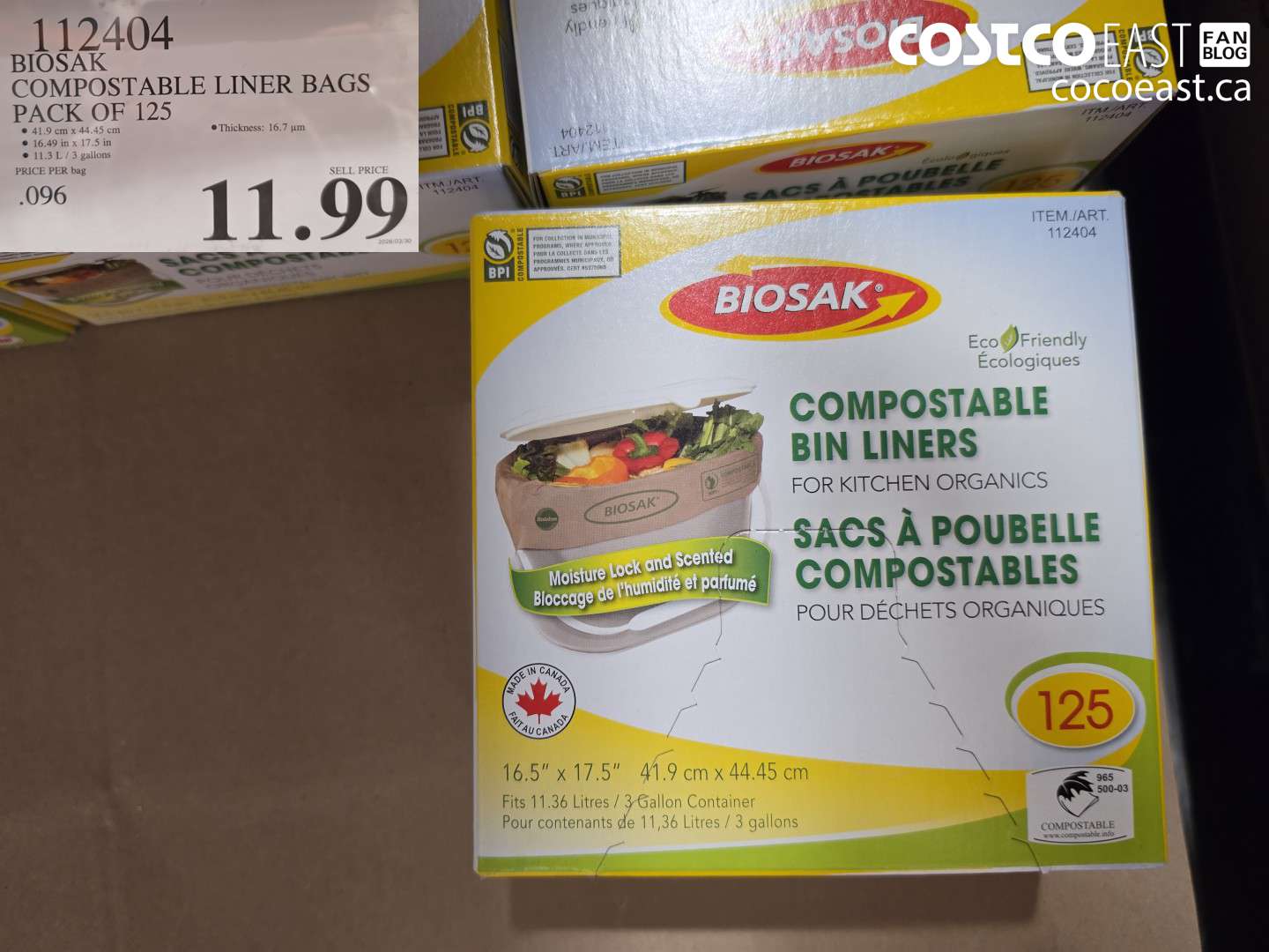 112404 BIOSAK COMPOSTABLE LINER BAGS PACK OF 125 $11.99