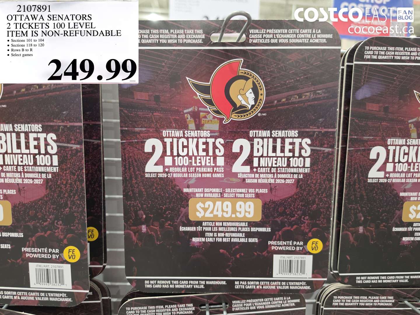 OTTAWA SENATORS 2 TICKETS 100 LEVEL 